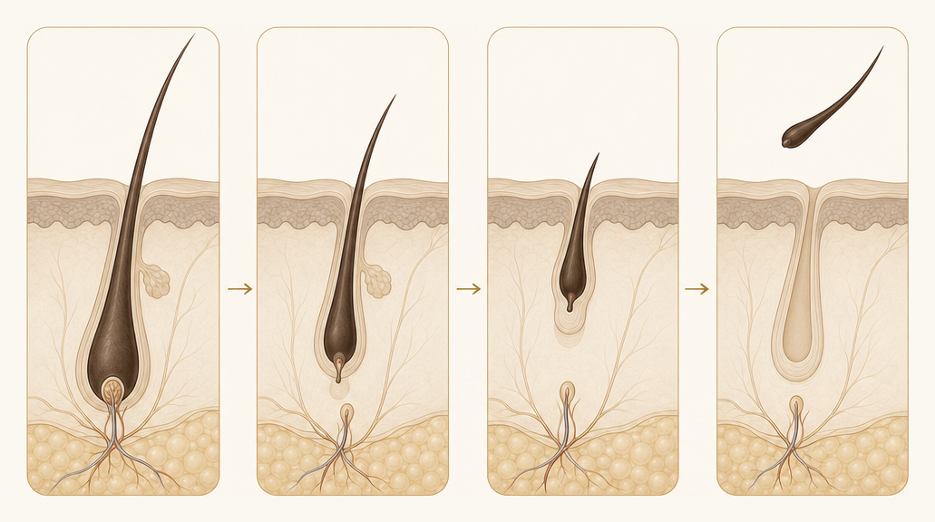 Illustrazione delle quattro fasi di crescita del pelo: anagen, catagen, telogen e caduta